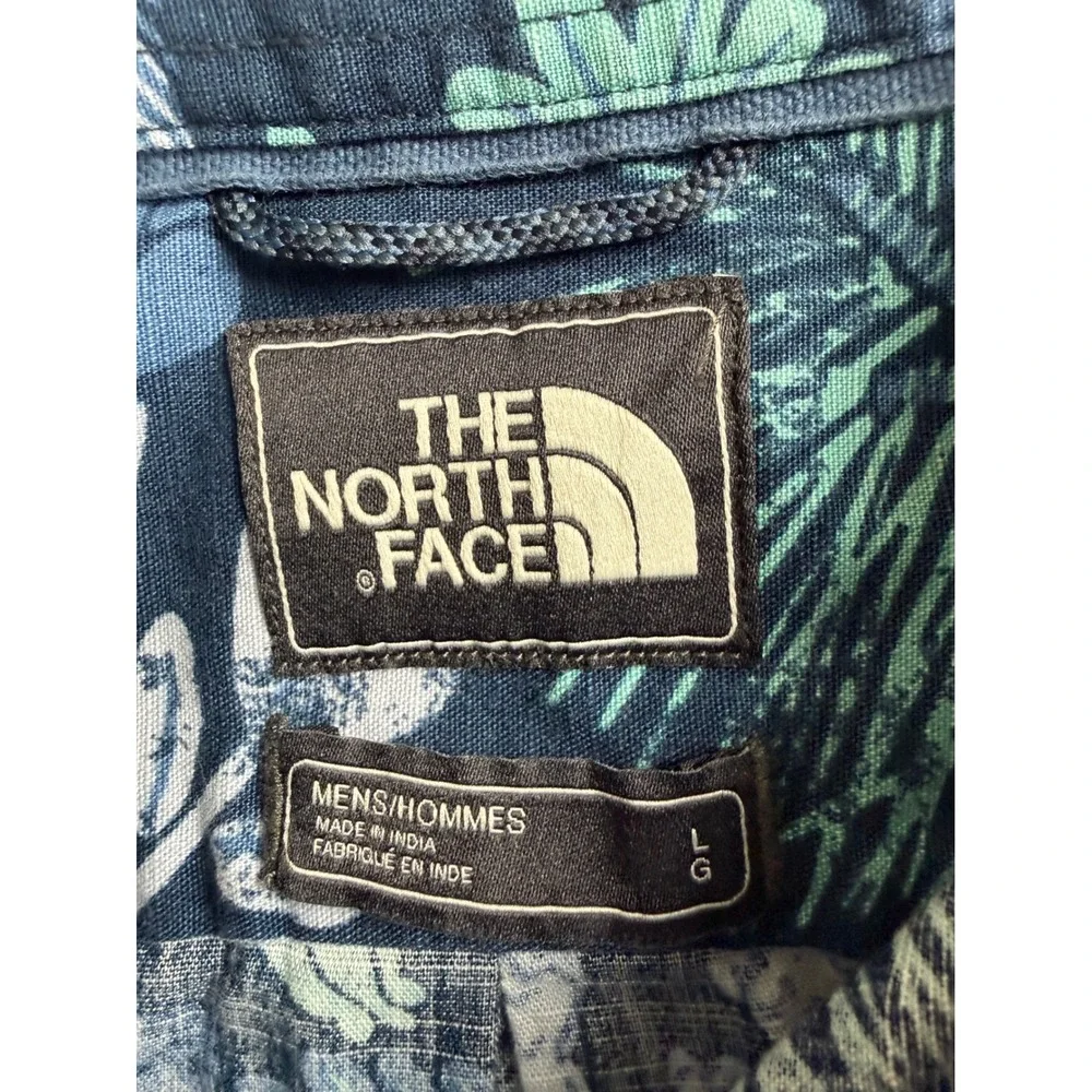 The North Face Shirt Men Large Blue Cotton Tropical Leaf Print Button Up Outdoor